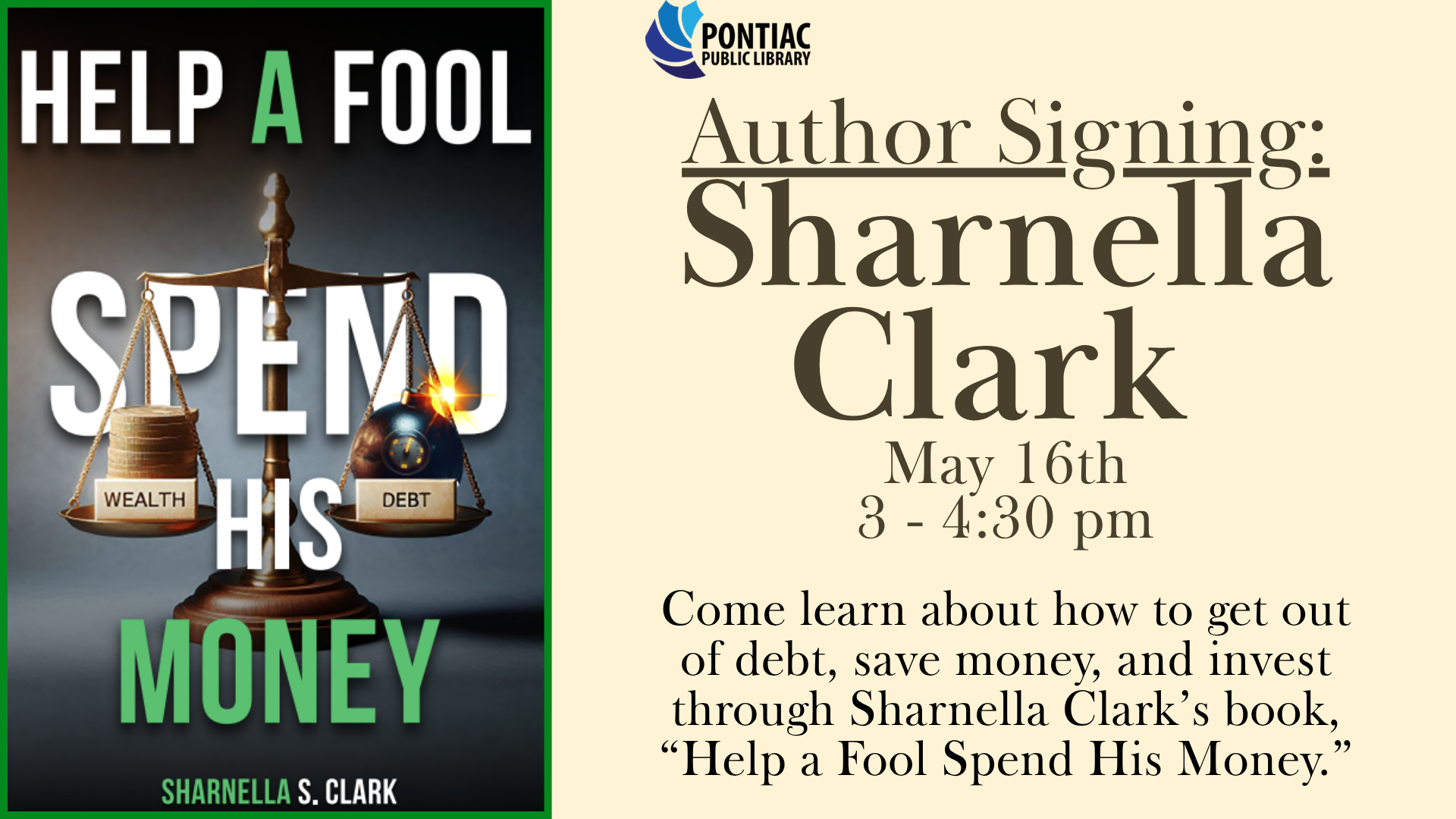Slide display for Author Signing program for Sharnella Clark on May 16th, from 3 - 4:30 pm. The text reads "We'll be writing reviews on books, movies, and video games for social media. Let others hear your opinion!" with a book, movie clapboard, and video game controller around the slide.