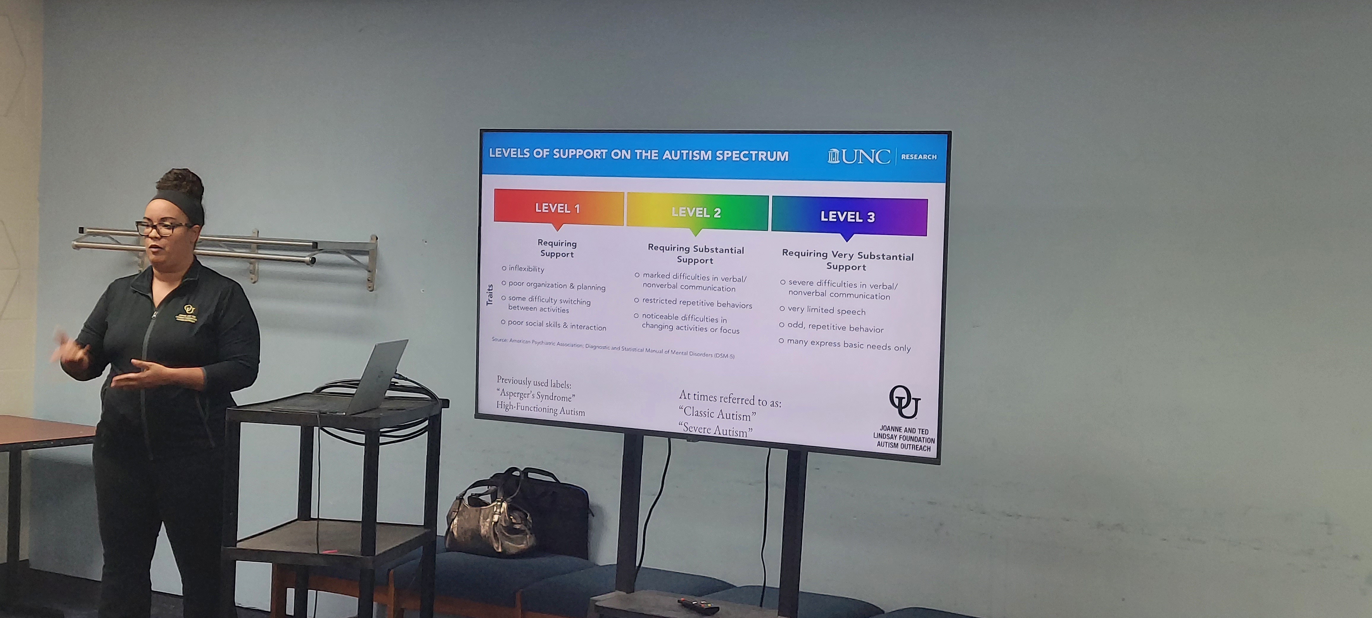 OUCARES-Presentations On Autism For Adults - Brittany Lynch, Outreach Coordinator, is presenting and showing information on the screen.
