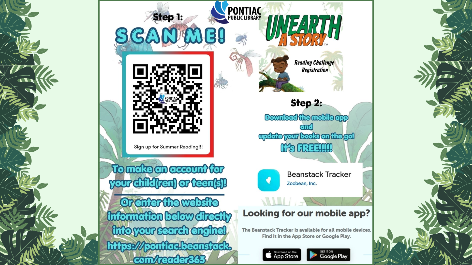 Slide display for the Summer Reading Challenge for Children and Teens. There is a QR code for the beanstack link or the actual website link https:pontiac.beanstack.com/reader365.